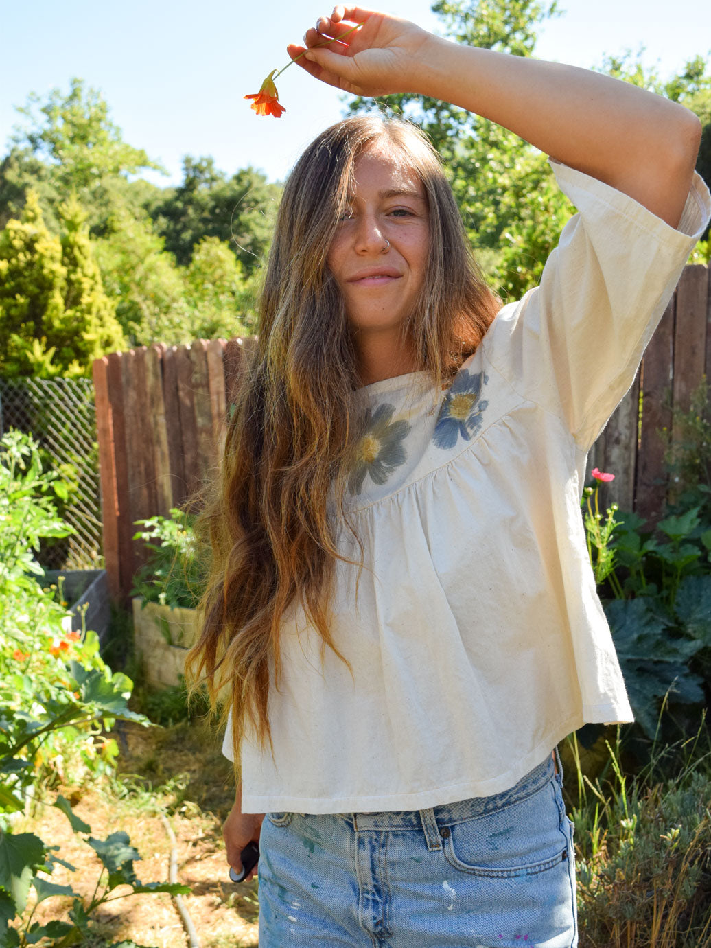 Flower Hammered 3/4 Sleeve Flowey Crop