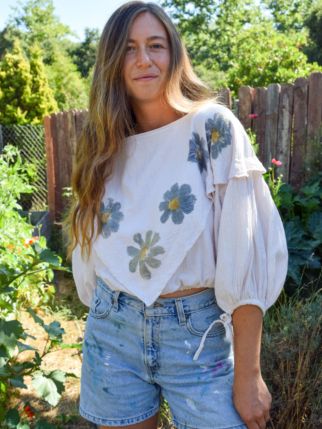 Flower Hammered Gauze Billowy Blouse