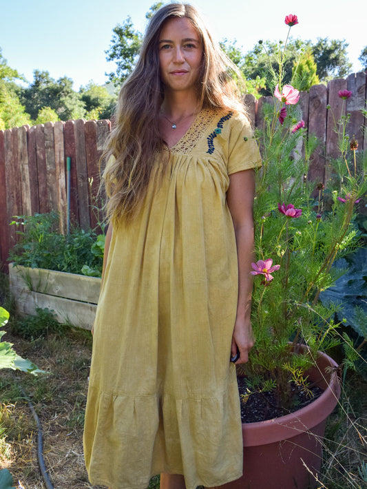 Marigold Embroidered V-neck gauze Midi