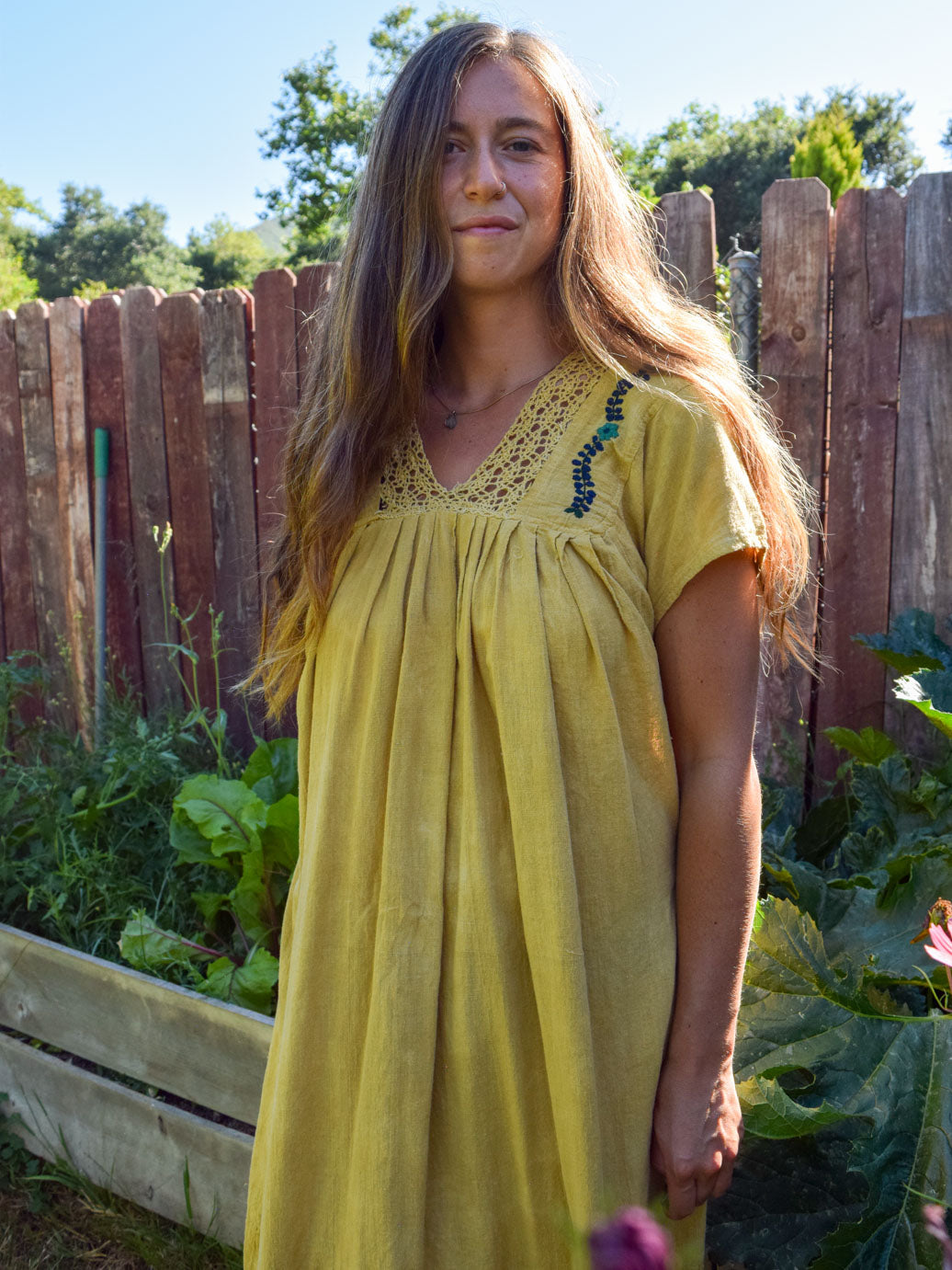 Marigold Embroidered V-neck gauze Midi