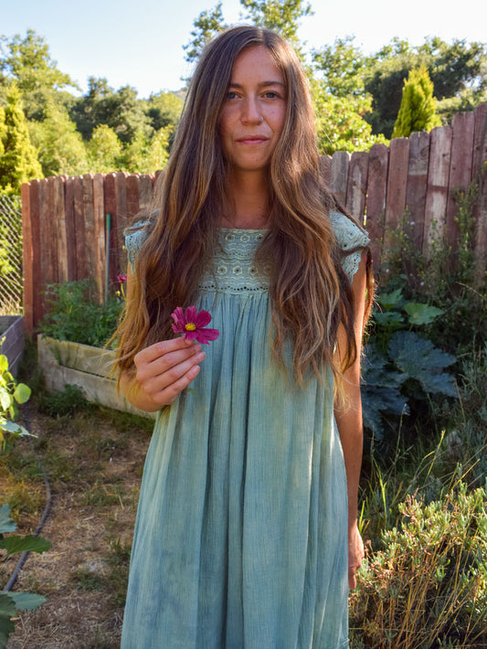 Indigo Embroidered Gauze Midi Dress