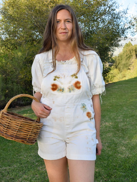 Eco-Printed White Denim Short Overalls