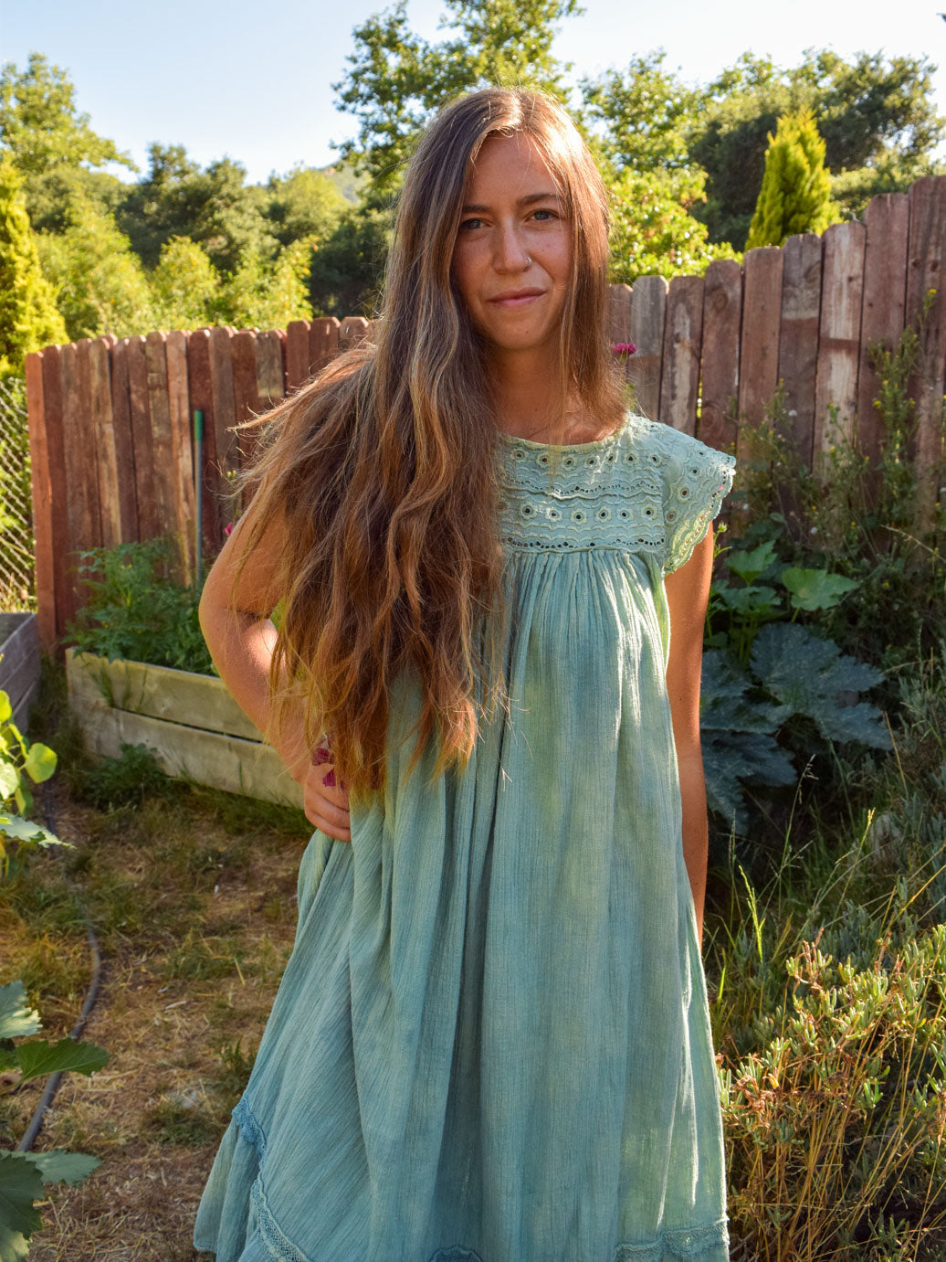green emerald velvet dress Indigo Embroidered Gauze Midi Dress
