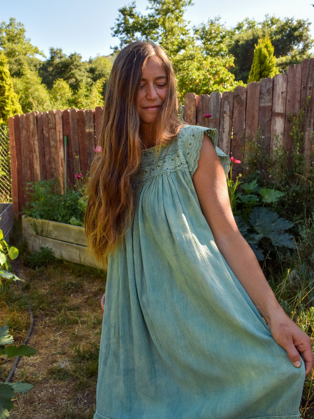 Indigo Embroidered Gauze Midi Dress