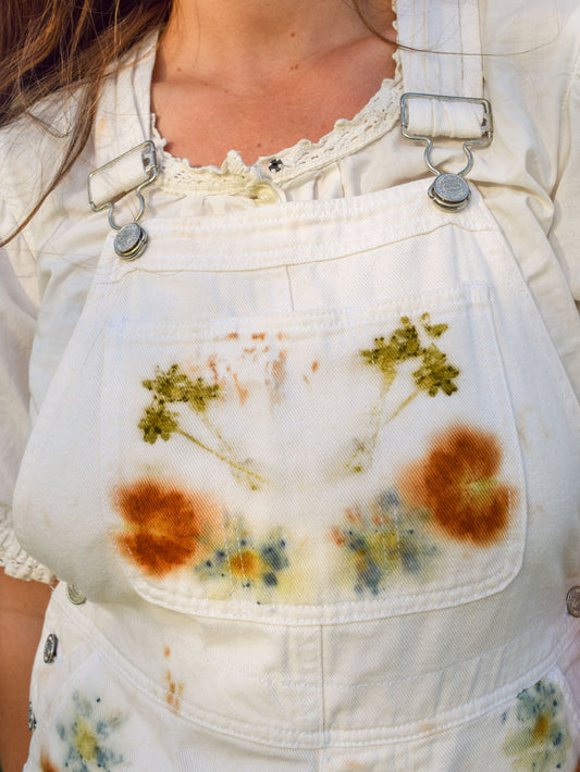 Eco-Printed White Denim Short Overalls