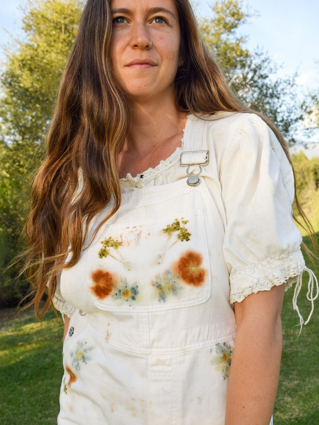 Eco-Printed White Denim Short Overalls