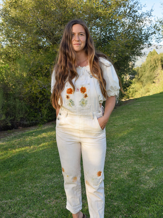 Eco-Printed White Denim Long Overalls