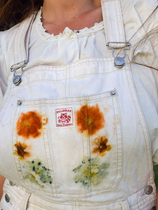 Eco-Printed White Denim Long Overalls