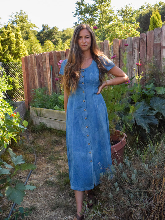 Indigo Silk/Linen Fitted Button Down Dress