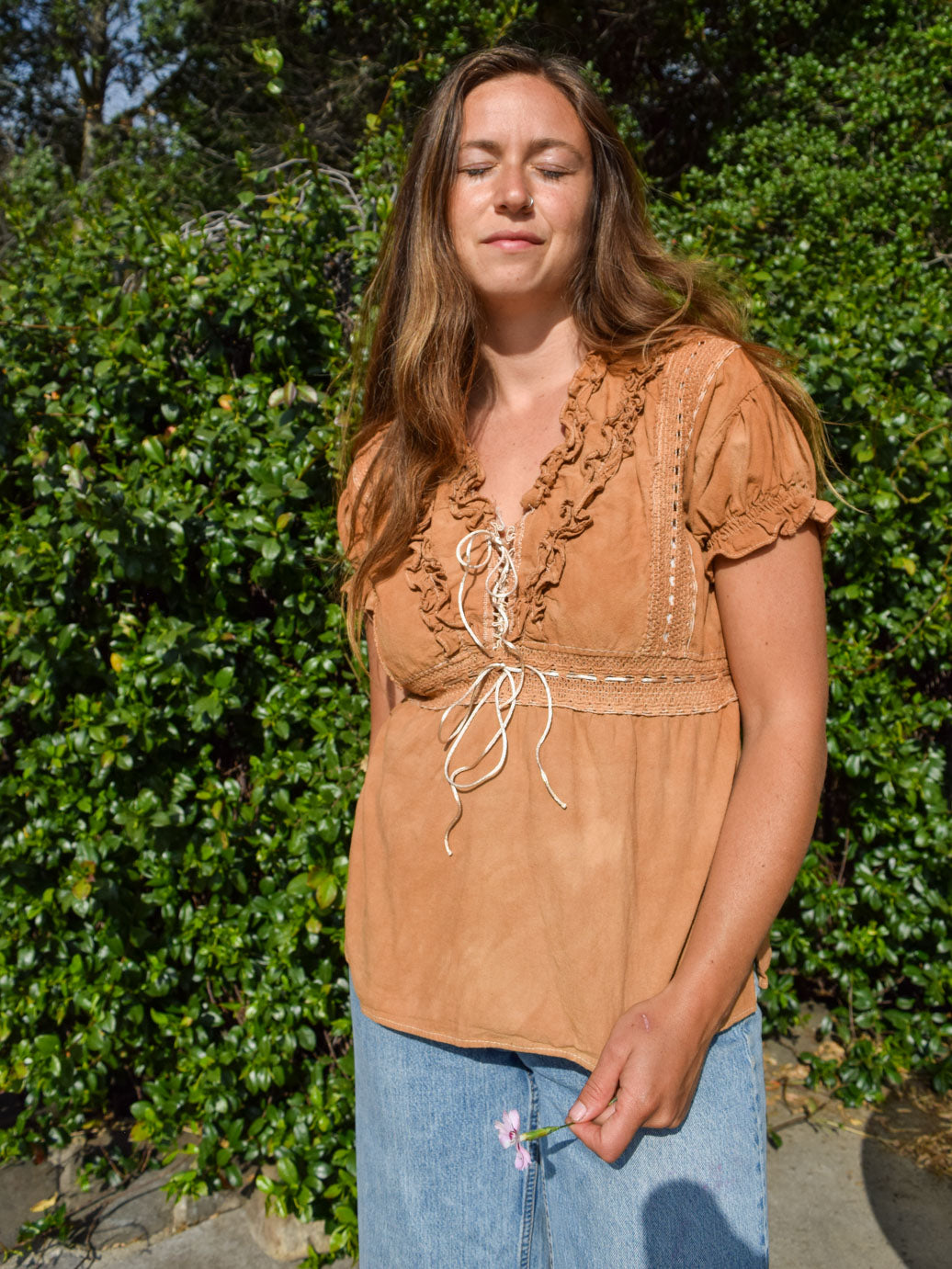 Cutch Crochet Ruffle Tie Back Blouse