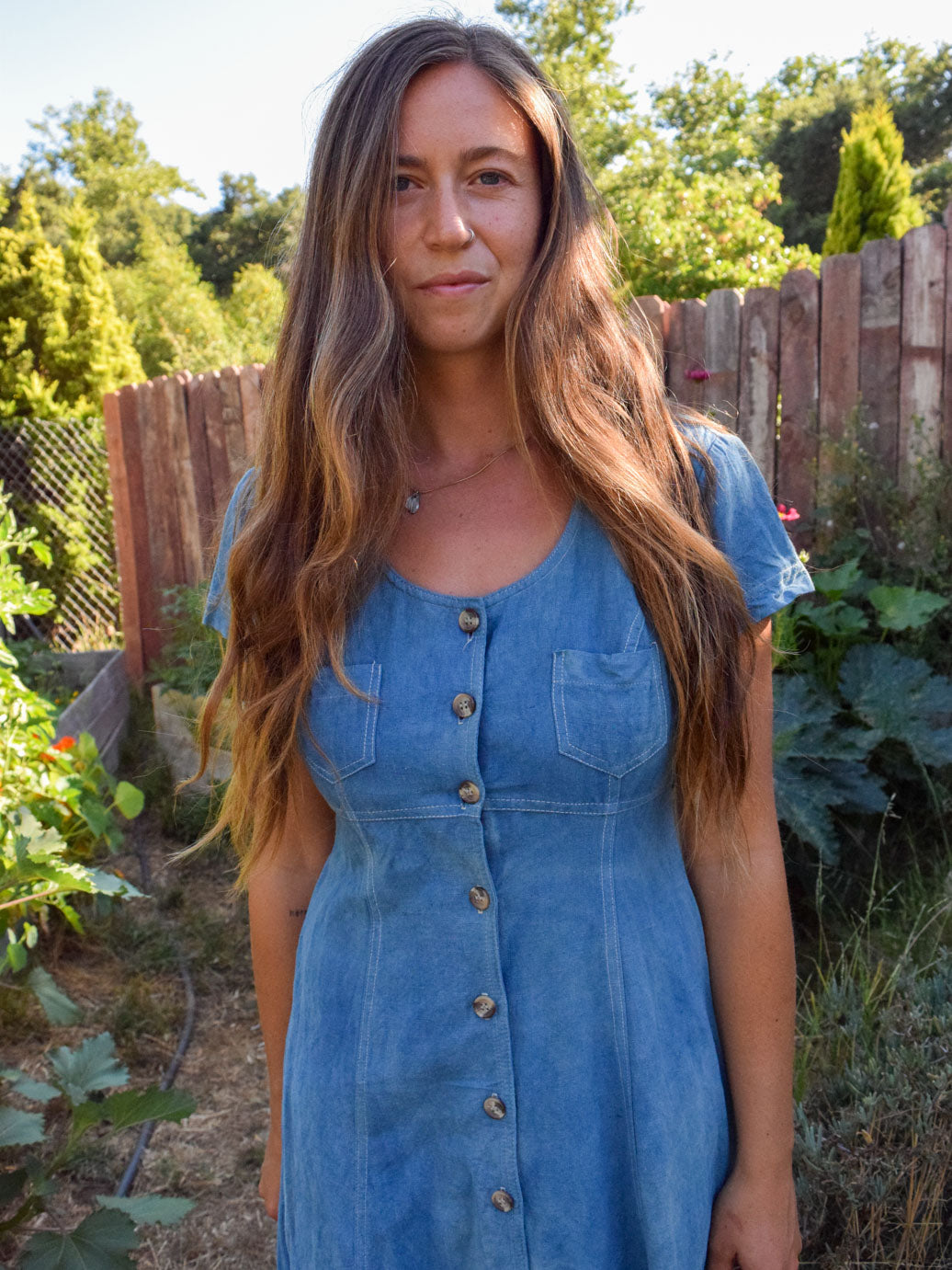 Indigo Silk/Linen Fitted Button Down Dress