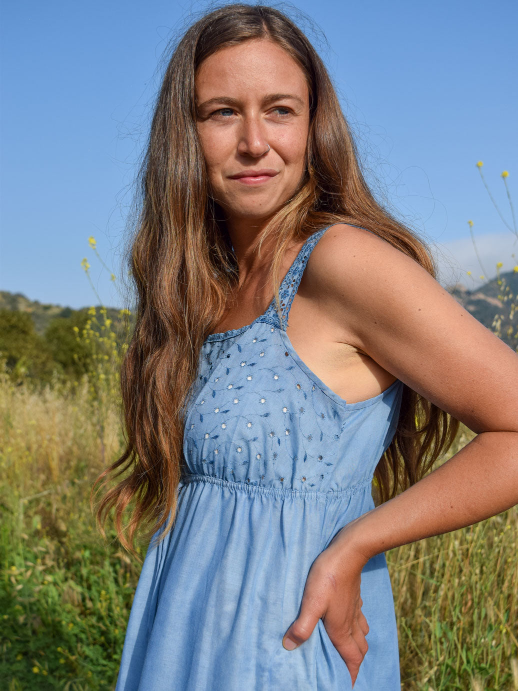 Indigo Eyelet Empire Dress