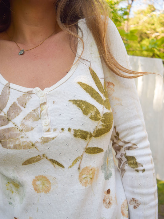 Eco-printed White Pointelle Long Sleeve