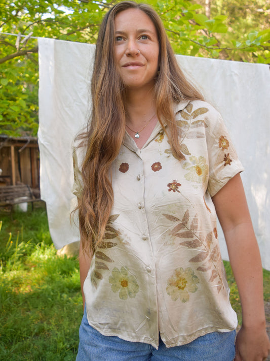 Eco-printed Beige Silk Button up Blouse