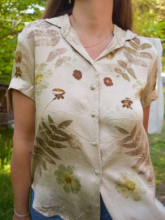 Eco-printed Beige Silk Button up Blouse