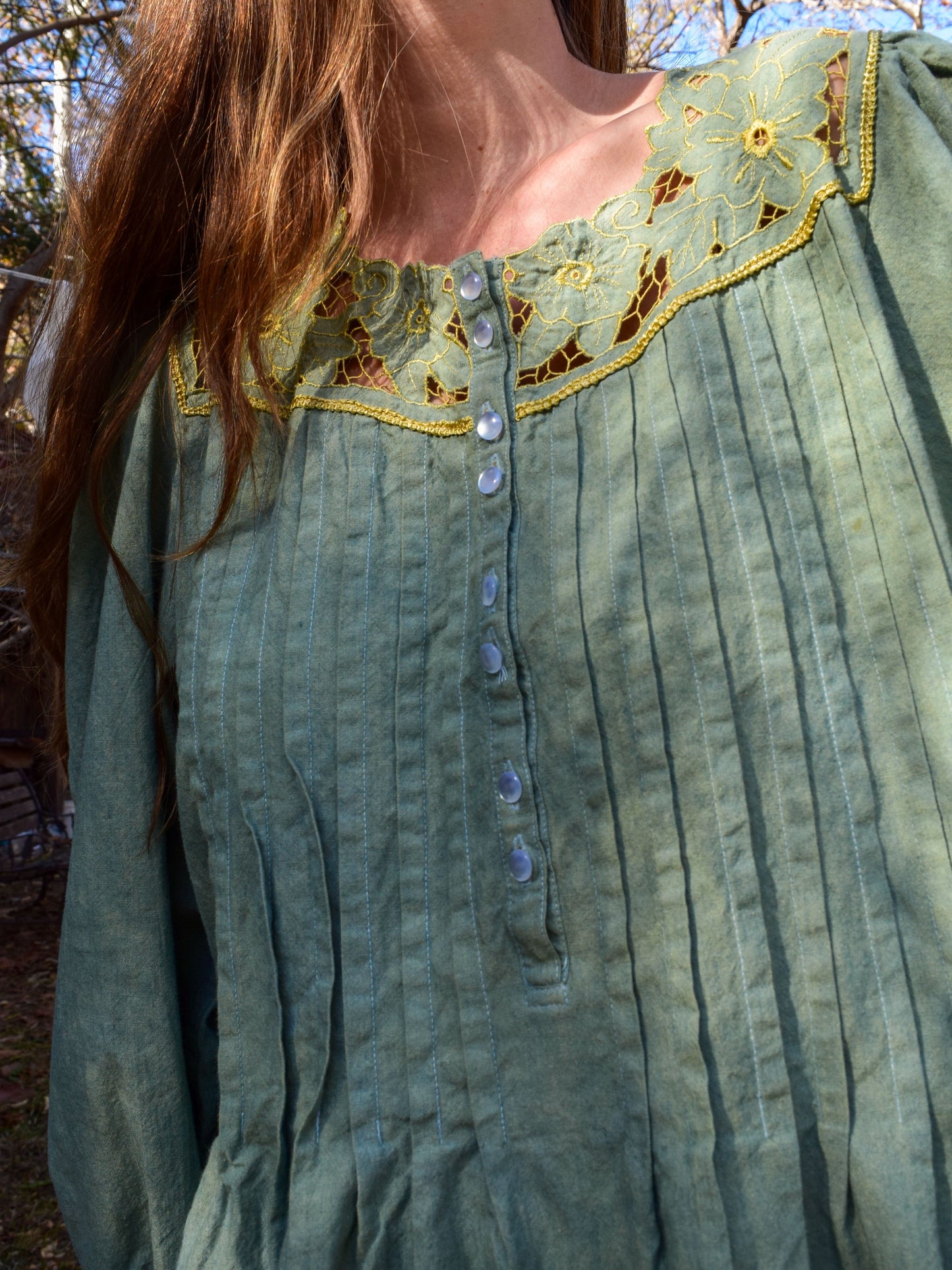 Marigold Pleated Embroidered Long Sleeve Dress