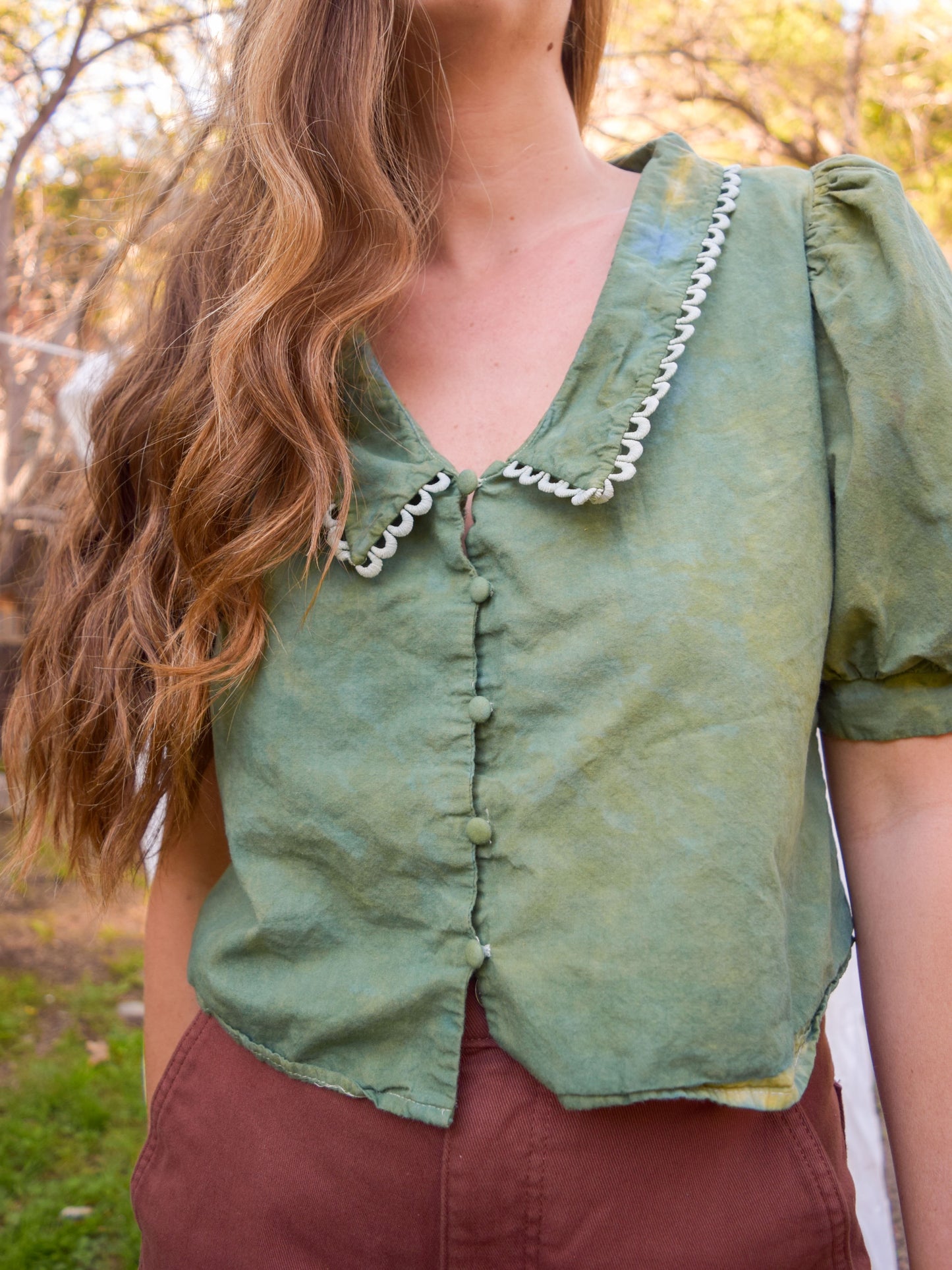 Indigo & Marigold Puff Sleeve Collared Blouse
