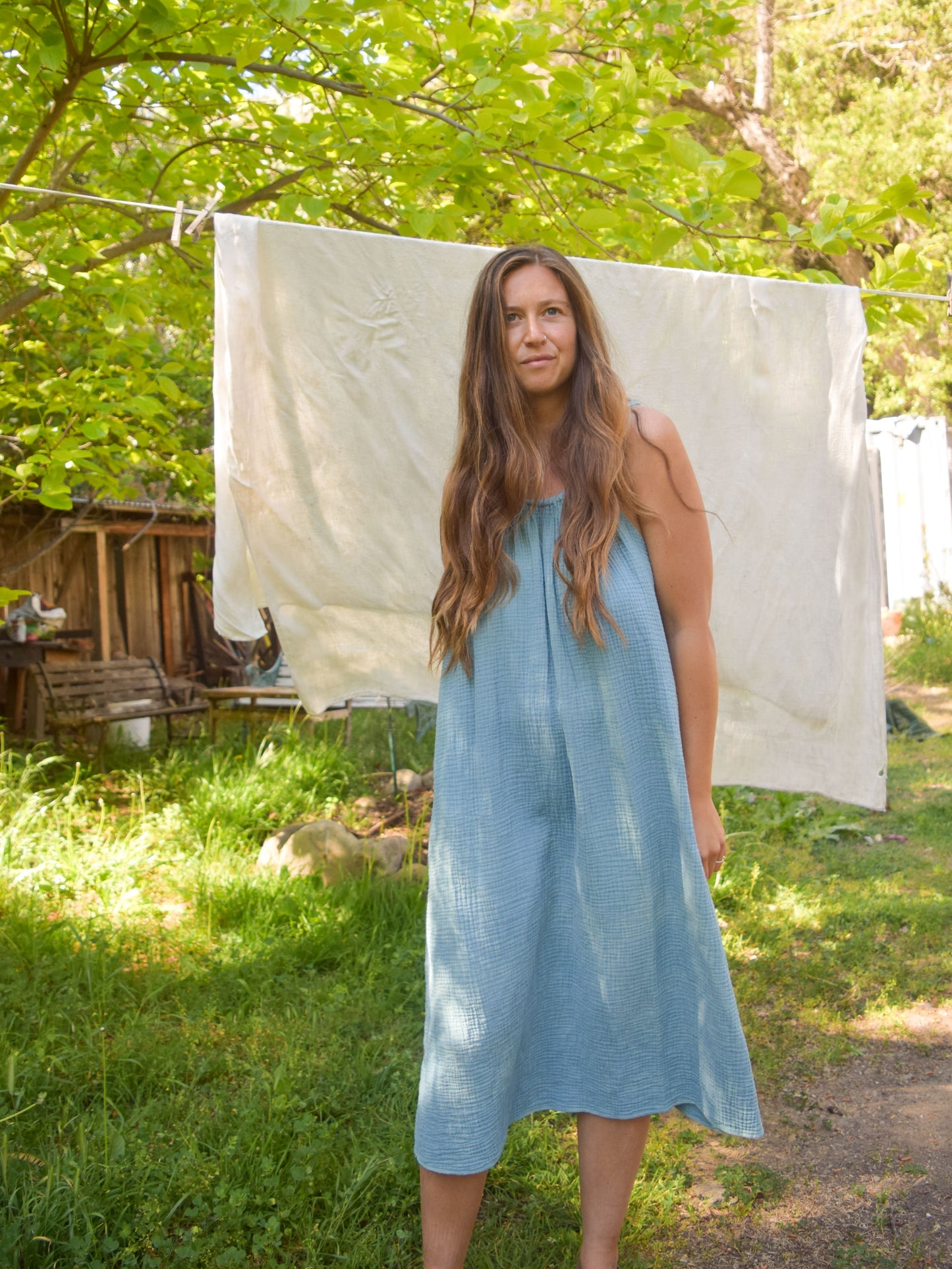 Indigo Gauze Cinched Strap Dress