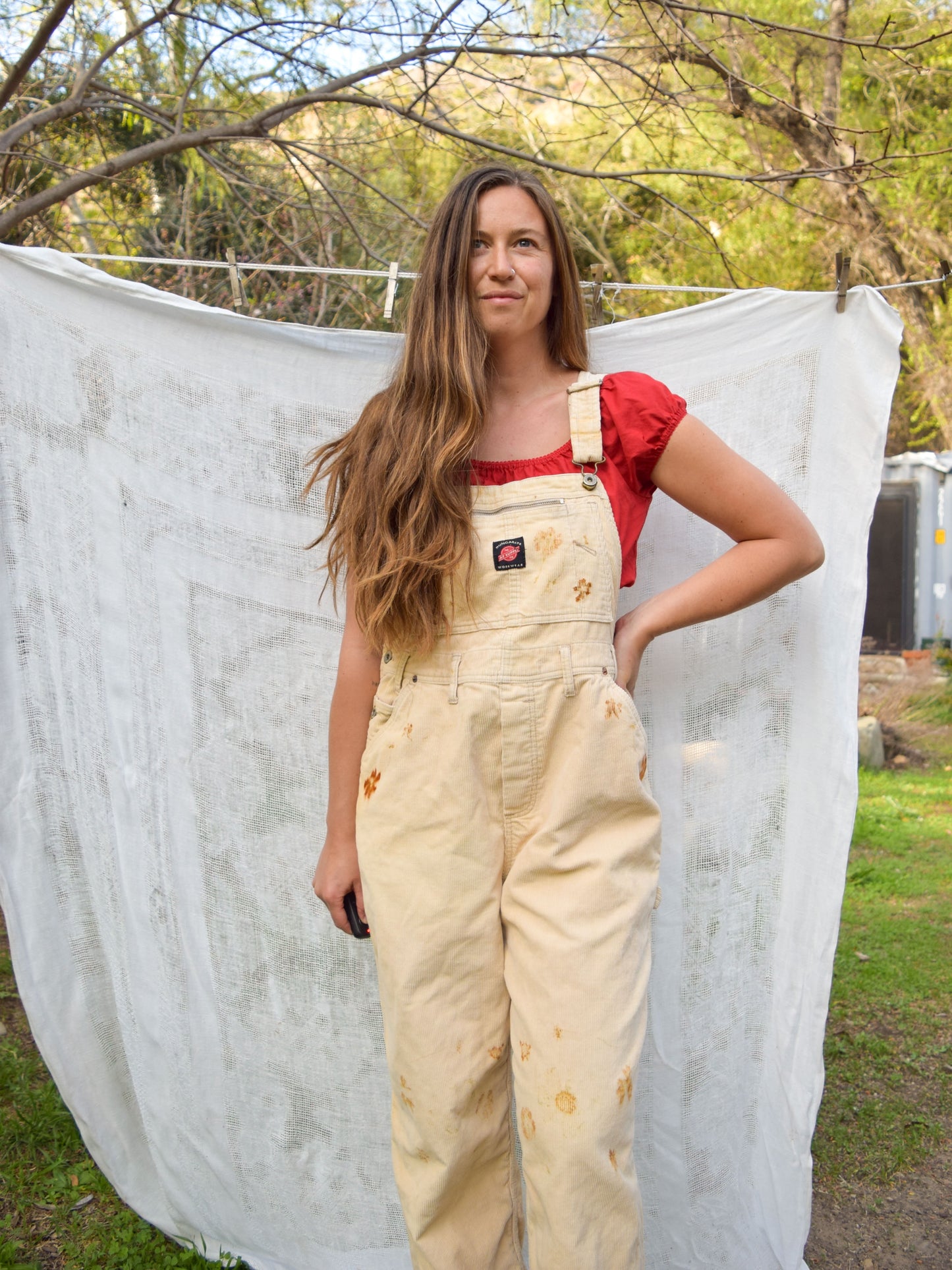 Eco-printed Corduroy Cream Overalls