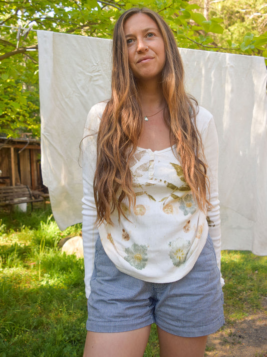 Eco-printed White Pointelle Long Sleeve