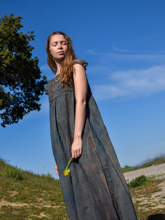 Logwood, Cutch, Indigo Lace & Floral Detailed Dress