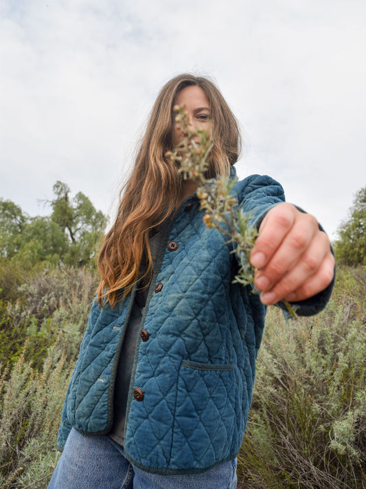 Indigo Quilted Jacket With Plaid Lining