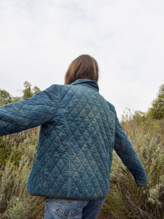 Indigo Quilted Jacket With Plaid Lining