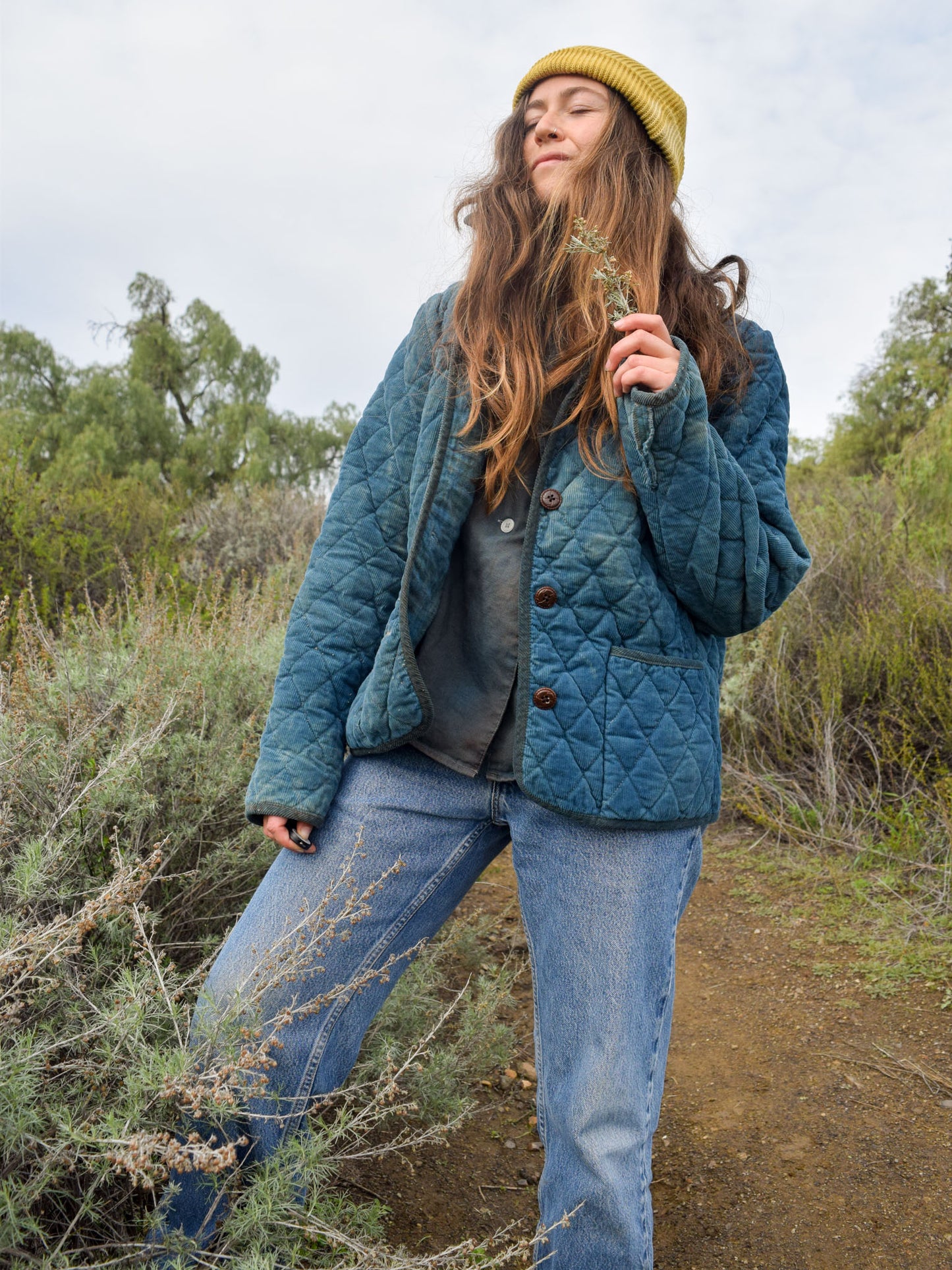 Indigo Quilted Jacket With Plaid Lining
