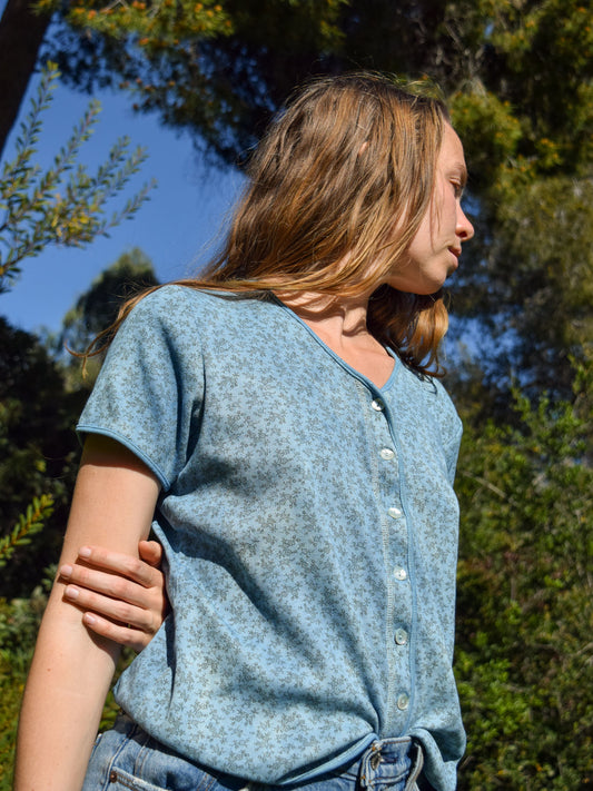 Indigo Floral Knit Button-up Tee