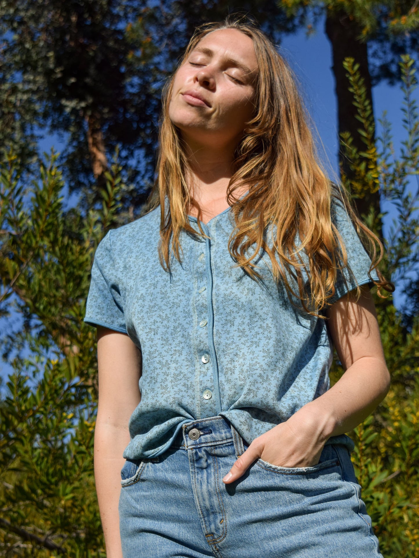 Indigo Floral Knit Button-up Tee