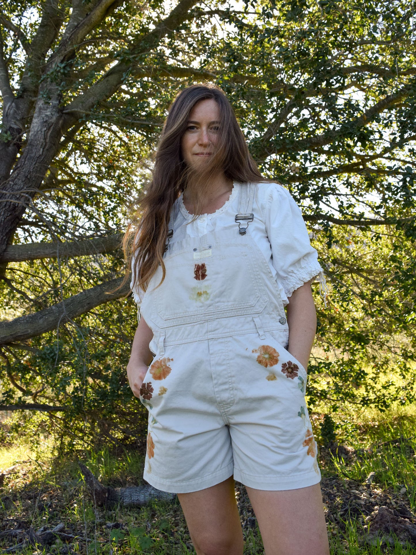 Flower Pressed White Short Overalls