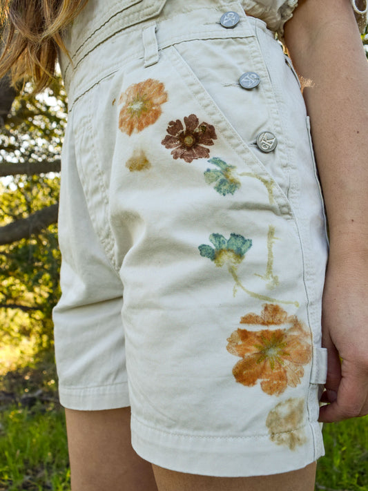 Flower Pressed White Short Overalls