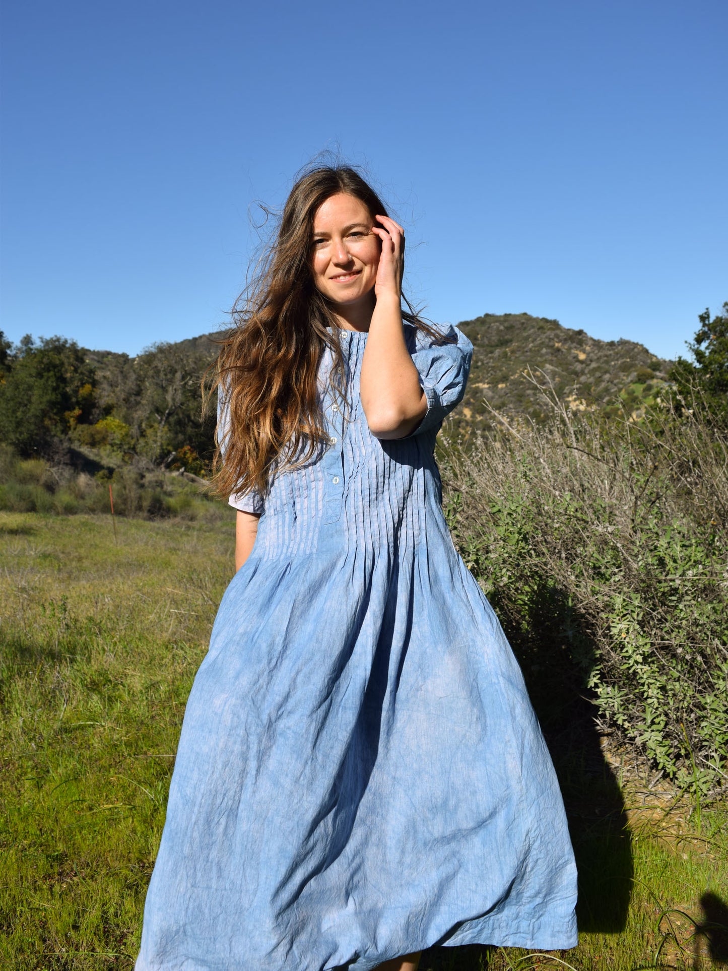 Indigo Pleated Puff Sleeve Dress with Tie Belt