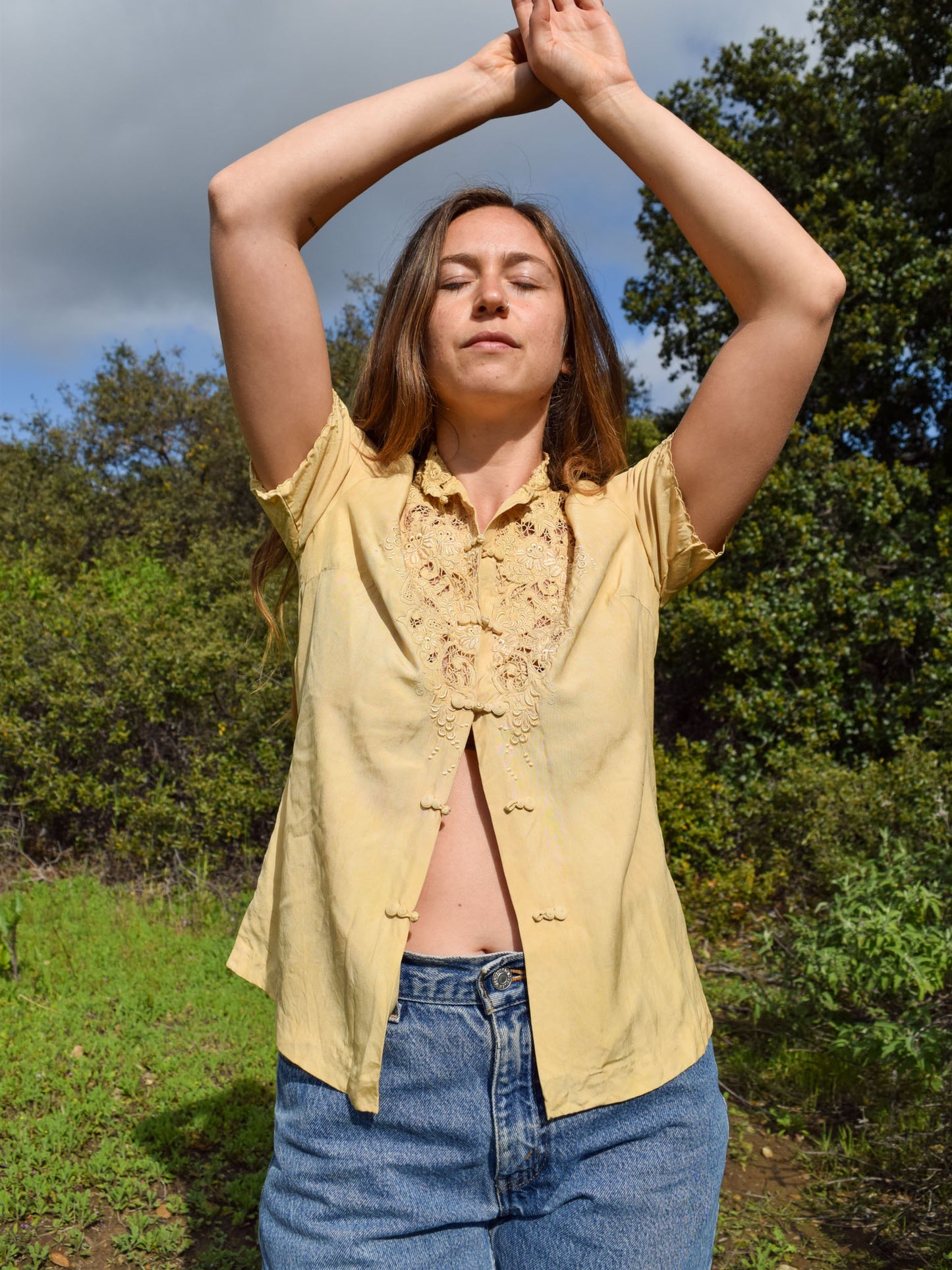 Toyon Silk Button Up Lace Blouse