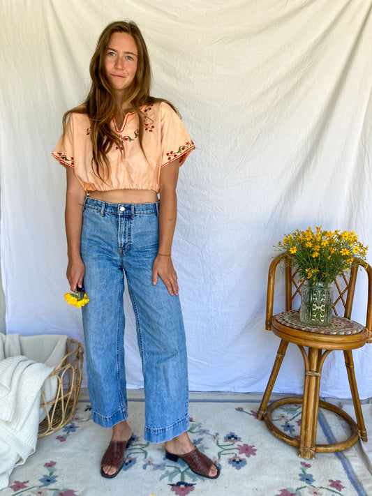 Madder Red Embroidered Traditional Cropped Huipil