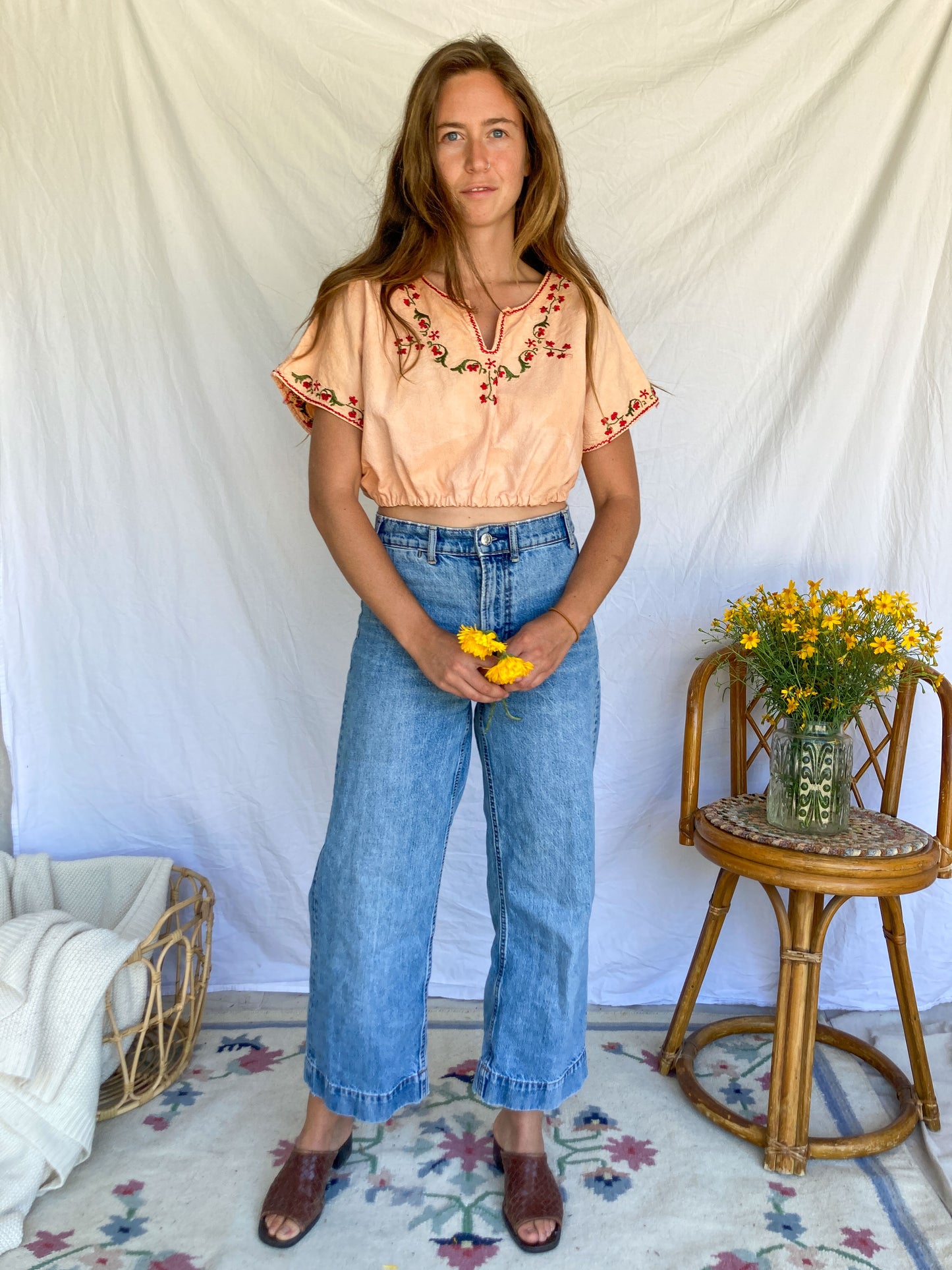 Madder Red Embroidered Traditional Cropped Huipil