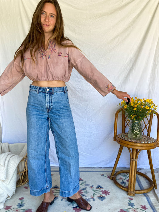 Plum Rainbow Embroidered Traditional Cropped Huipil