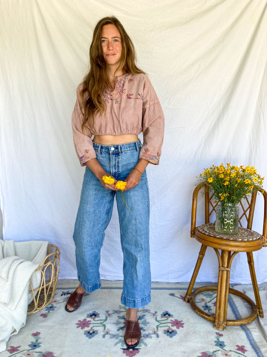 Plum Rainbow Embroidered Traditional Cropped Huipil