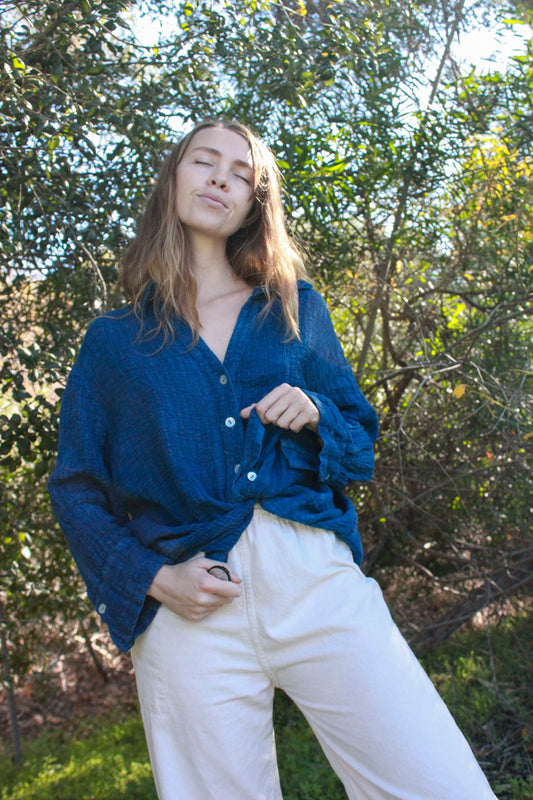 Indigo Gauze Long Sleeve Blouse