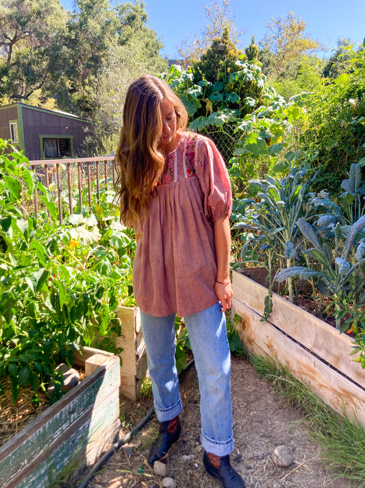 Sequoia & Lac Gauze Embroidered Puff Sleeve Blouse