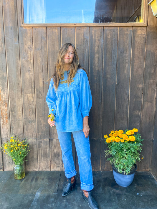 Indigo & Sulphor Cosmo Embroidered Raglan Gauze Blouse