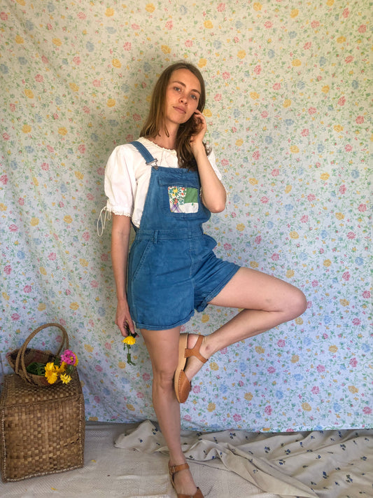 Indigo Patched Short Overalls