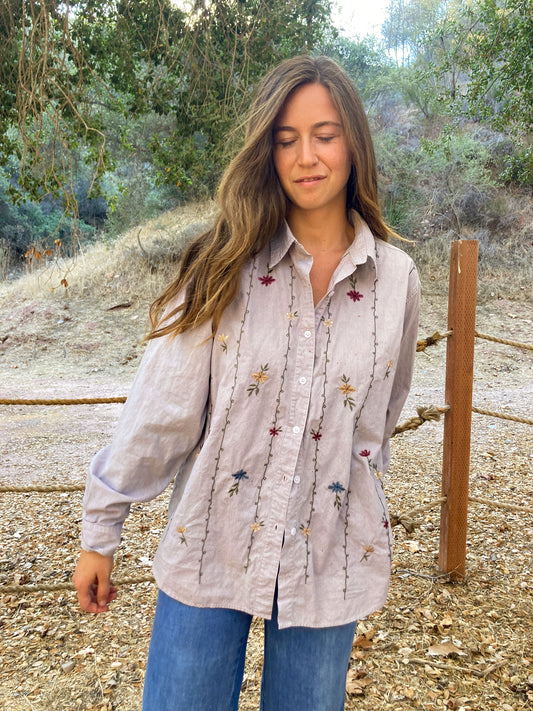 Plum Pinstripe Floral Embroidere Buttondown