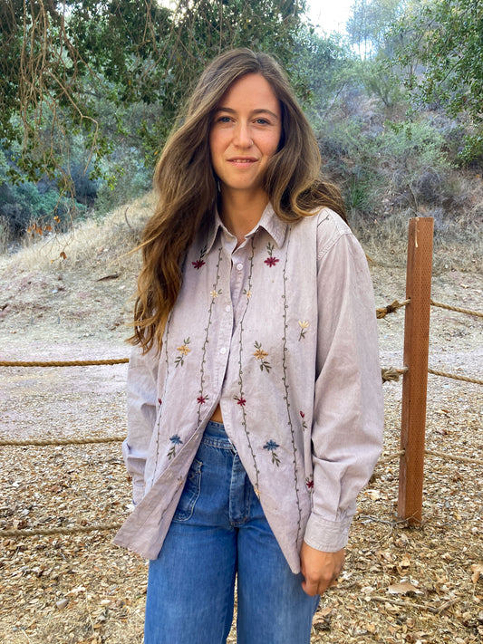 Plum Pinstripe Floral Embroidere Buttondown