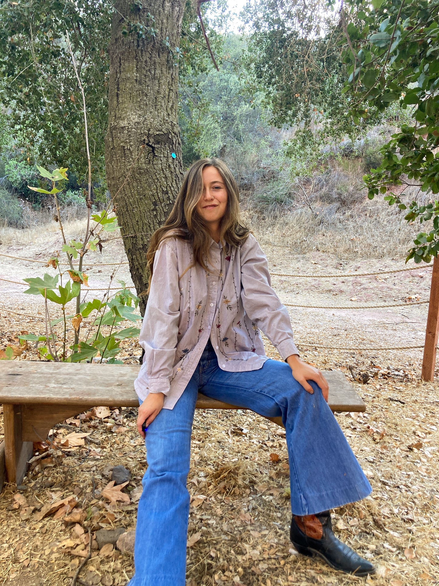 Plum Pinstripe Floral Embroidere Buttondown