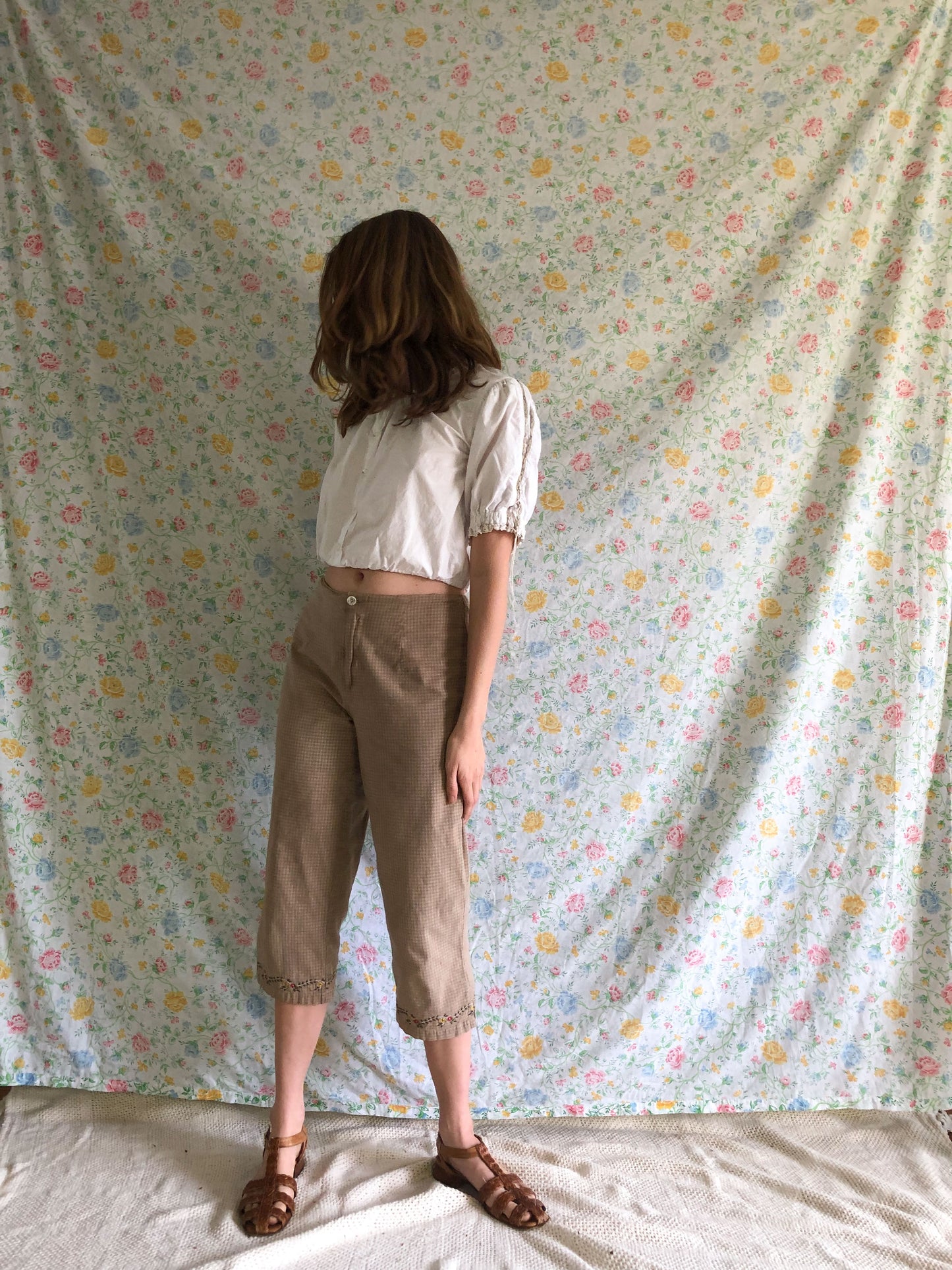 Walnut Gingham Embroidered Capris