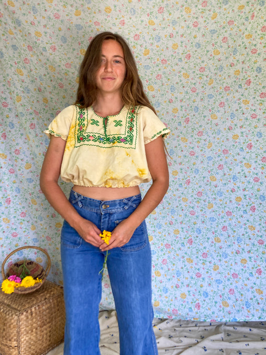 Light Marigold Traditional Emroidered Huipil Crop
