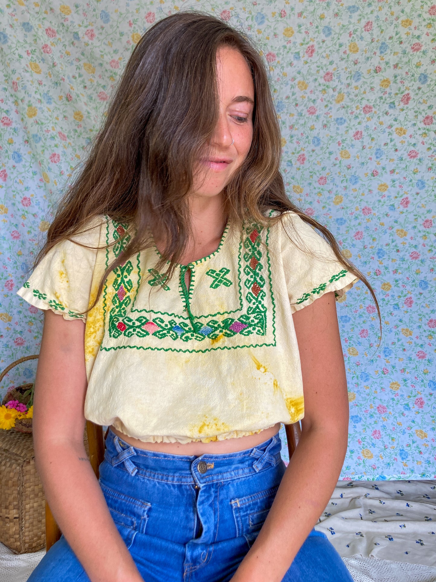 Light Marigold Traditional Emroidered Huipil Crop