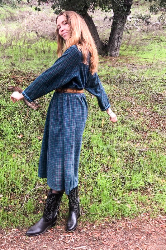 Indigo Plaid Flannel Long Sleeve Dress