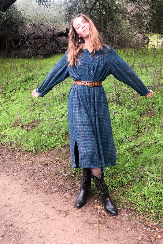 Indigo Plaid Flannel Long Sleeve Dress